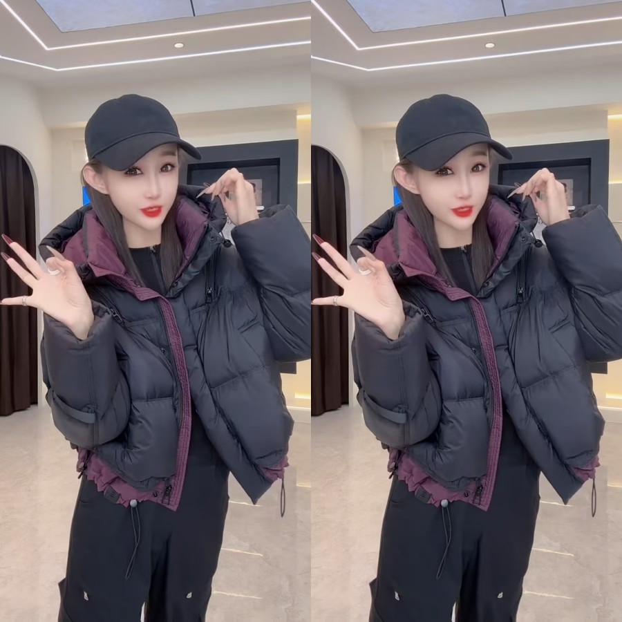 时尚连帽棉服外套2025冬季新款拼接撞色黑加仑休闲洋气面包服棉衣 - 图0