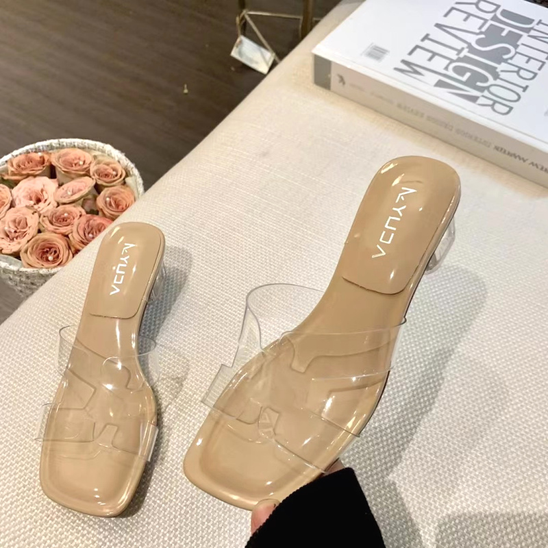 裕达2025新款h拖鞋女夏外穿透明水晶跟时尚配裙子网红粗跟一字拖 - 图0
