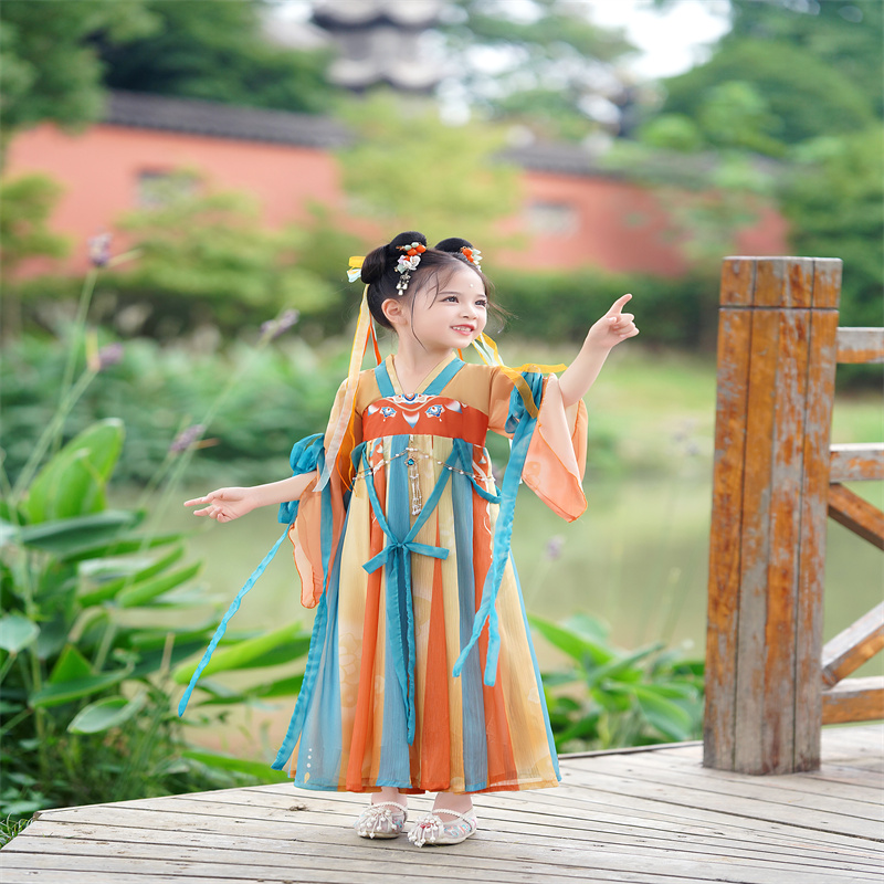 新款女童日常汉服春秋款薄款广袖超仙儿童古装中国风公主齐胸襦裙-图0