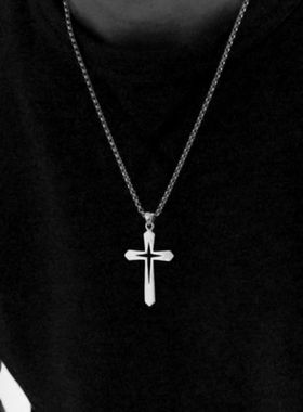 十字架项链男士潮牌钛钢不掉色男生吊坠简约光面刻字女生锁骨链
