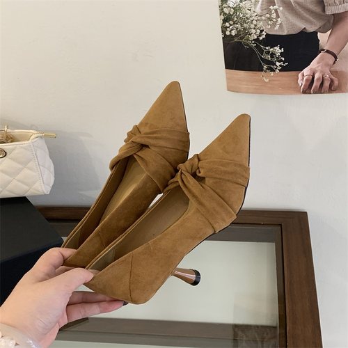 法式尖头小猫跟黑色高跟鞋女2025新款春秋季细跟绒面浅口通勤单鞋 - 图3