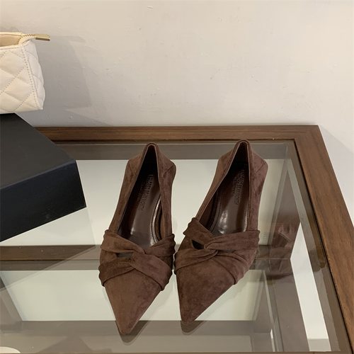 法式尖头小猫跟黑色高跟鞋女2025新款春秋季细跟绒面浅口通勤单鞋 - 图0