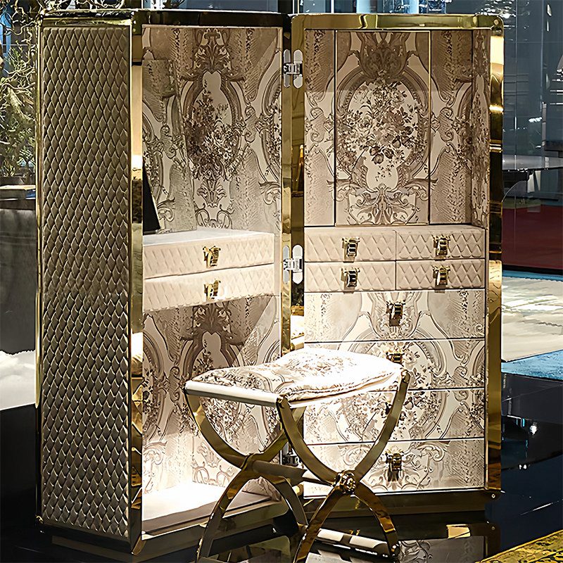现代奢华落地首饰柜实木轻奢别墅豪宅设计师古典带妆凳珠宝收纳柜,淘宝优惠券,粉丝福利购,淘宝优惠卷