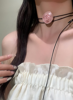 黑色颈花项链女choker脖子配饰小众设计项圈玫瑰花山茶花颈链