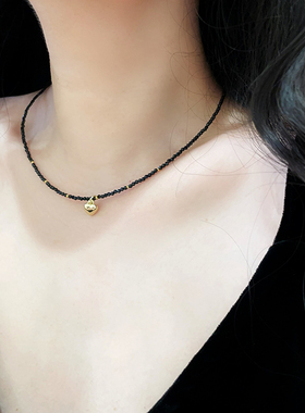 黑色水晶仿珍珠爱心锁骨链简约复古项链女轻奢小众串珠choker颈链
