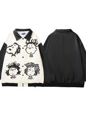 chaonime美式风卡通史努比黑色PU皮夹克外套复古休闲宽松棒球服衫