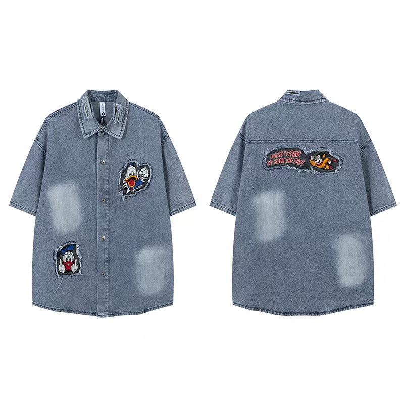 chaonime美式复古趣味卡通刺绣水洗牛仔短袖衬衫男女宽松情侣衬衣 - 图1
