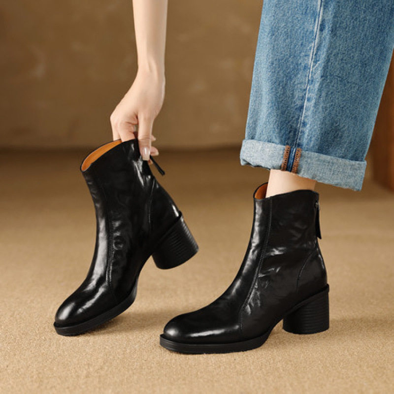 5cm头层羊皮复古圆头粗跟短靴女秋冬新款中跟短筒马丁靴单靴踝靴,淘宝优惠券,粉丝福利购,淘宝优惠卷