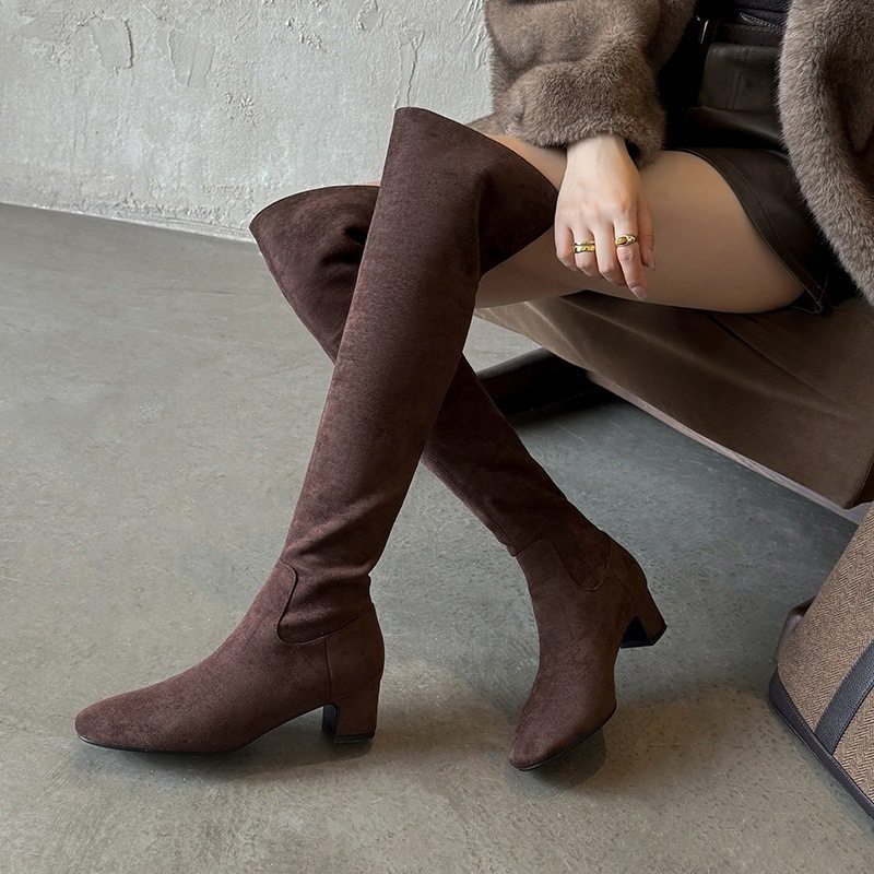 韩版翻折两穿粗跟过膝靴高筒麂皮绒面粗跟长靴子小个子显高瘦瘦靴,淘宝优惠券,粉丝福利购,淘宝优惠卷
