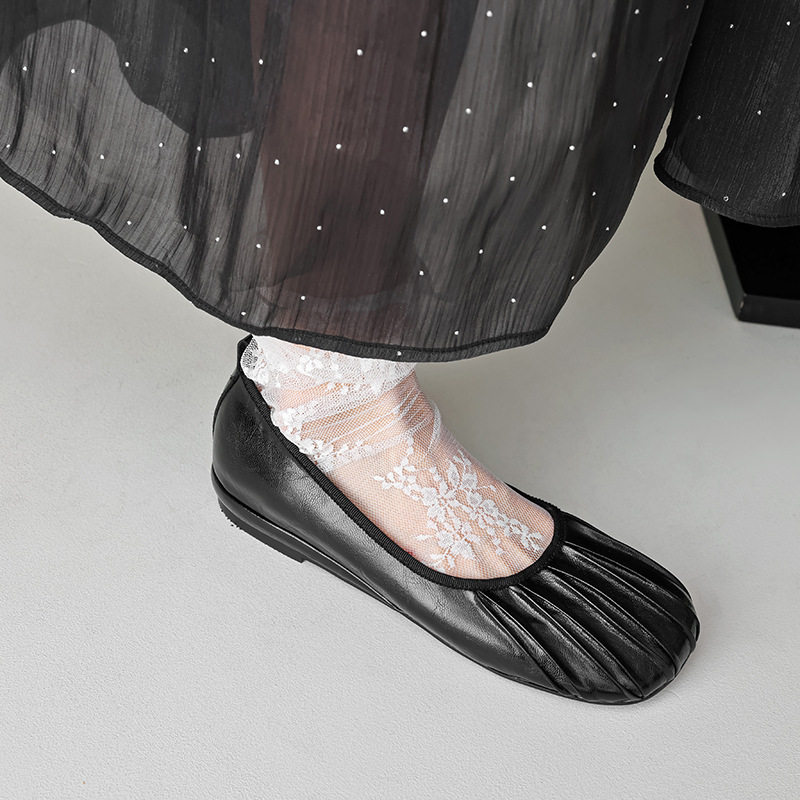 Kmeizu法式优雅~2.5cm低跟单鞋女秋季褶皱贝壳方头瓢鞋真皮平底鞋,淘宝优惠券,粉丝福利购,淘宝优惠卷