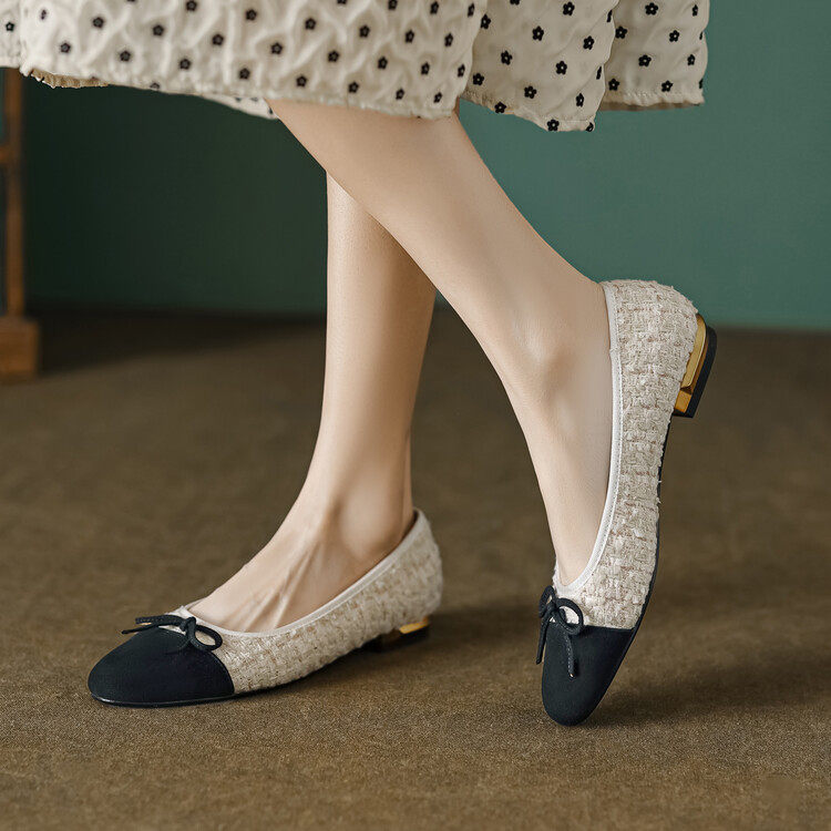 巨巨舒服！拼色真皮圆头蝴蝶结小香风低跟单鞋女软皮豆豆瓢鞋,淘宝优惠券,粉丝福利购,淘宝优惠卷