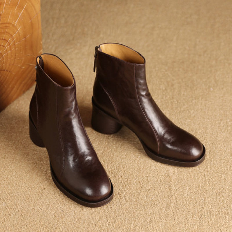 5cm头层羊皮复古圆头粗跟短靴女秋冬新款中跟短筒马丁靴单靴踝靴,淘宝优惠券,粉丝福利购,淘宝优惠卷
