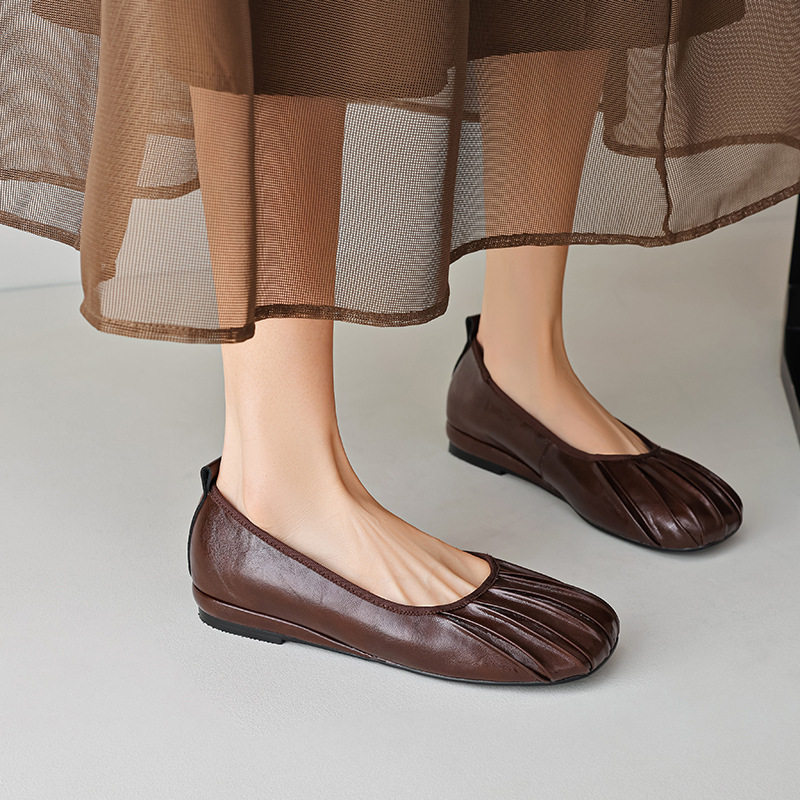 Kmeizu法式优雅~2.5cm低跟单鞋女秋季褶皱贝壳方头瓢鞋真皮平底鞋,淘宝优惠券,粉丝福利购,淘宝优惠卷