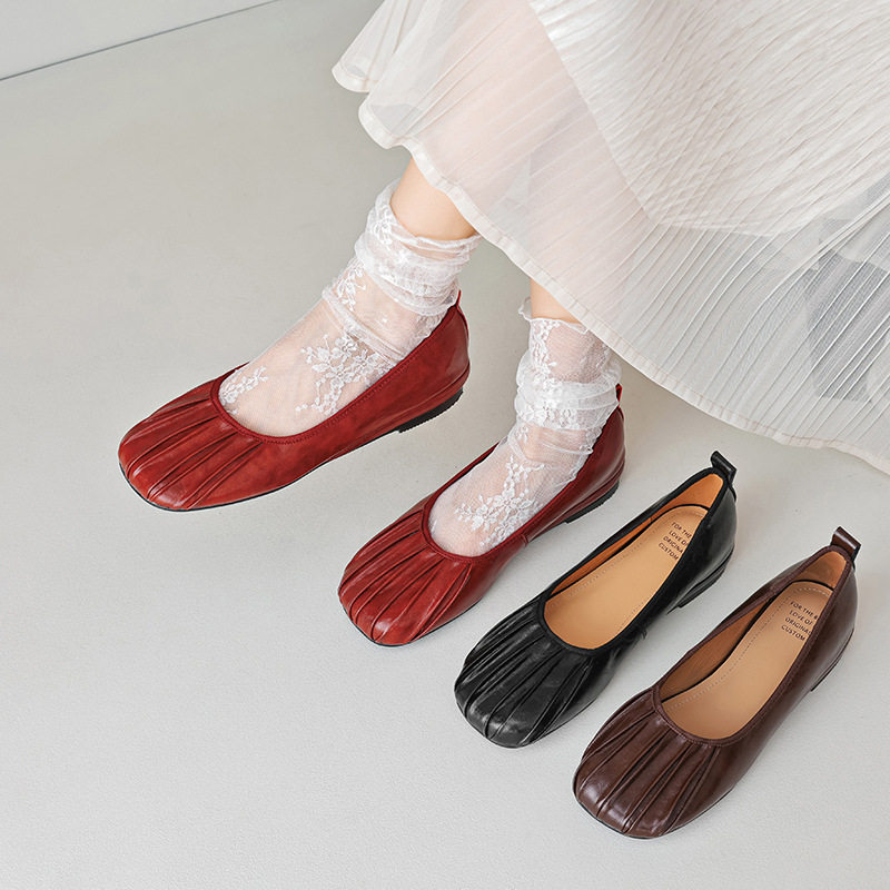 Kmeizu法式优雅~2.5cm低跟单鞋女秋季褶皱贝壳方头瓢鞋真皮平底鞋,淘宝优惠券,粉丝福利购,淘宝优惠卷