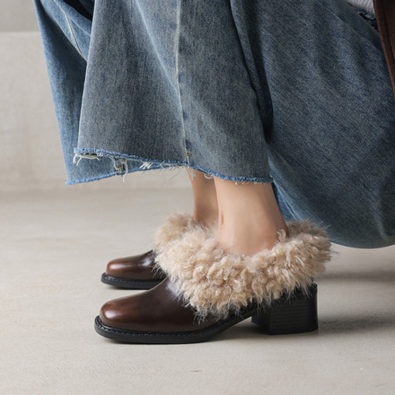 真皮加绒粗跟单鞋女秋冬季2025新款小皮鞋中跟毛毛鞋一脚蹬女鞋子,淘宝优惠券,粉丝福利购,淘宝优惠卷