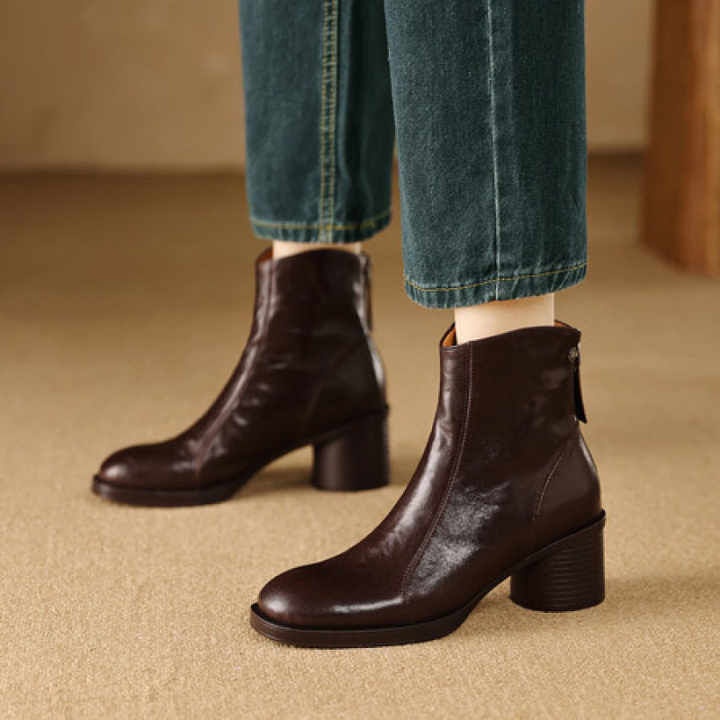 5cm头层羊皮复古圆头粗跟短靴女秋冬新款中跟短筒马丁靴单靴踝靴,淘宝优惠券,粉丝福利购,淘宝优惠卷