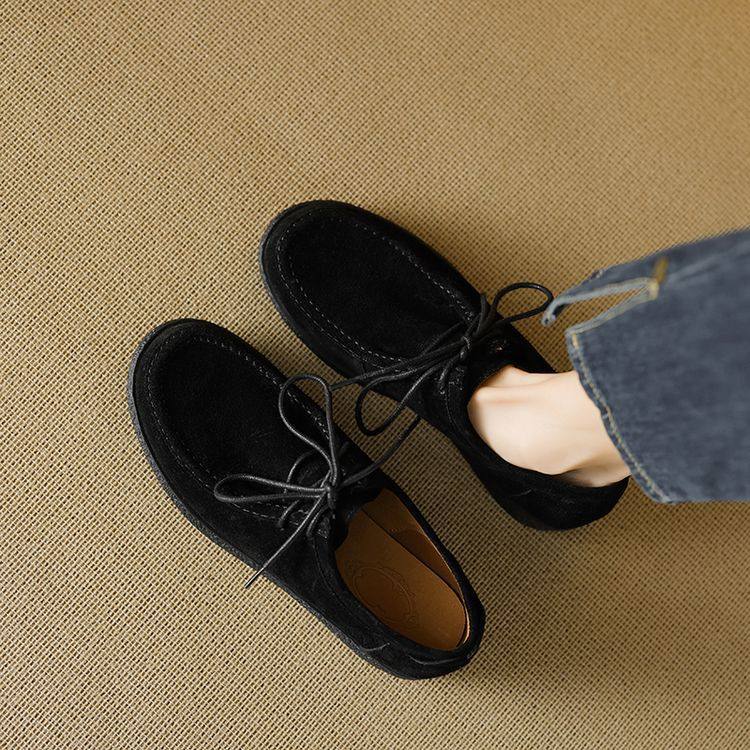 翻毛皮~暴走老钱风~厚底乐福鞋女2025新款真皮平底单鞋系带豆豆鞋,淘宝优惠券,粉丝福利购,淘宝优惠卷
