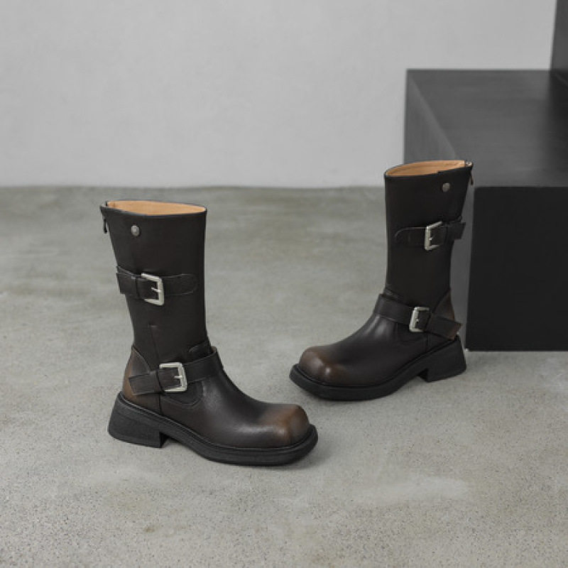 4.5cm复古风擦色牛皮圆头中筒靴个性皮带扣舒适粗跟后拉链时装靴,淘宝优惠券,粉丝福利购,淘宝优惠卷