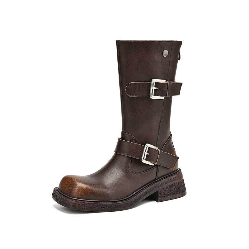 4.5cm复古风擦色牛皮圆头中筒靴个性皮带扣舒适粗跟后拉链时装靴,淘宝优惠券,粉丝福利购,淘宝优惠卷