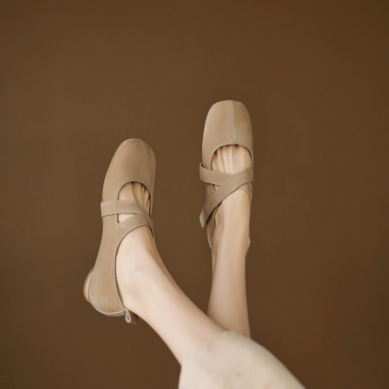 羊皮版2025新款法式绒面浅口平底鞋春款交叉带圆头单鞋软底复古,淘宝优惠券,粉丝福利购,淘宝优惠卷