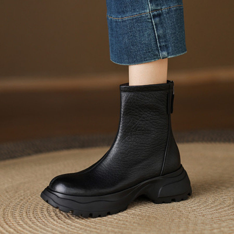 2025新款法式复古真皮圆头粗跟中跟单鞋女短靴瘦瘦靴女高跟鞋女款,淘宝优惠券,粉丝福利购,淘宝优惠卷