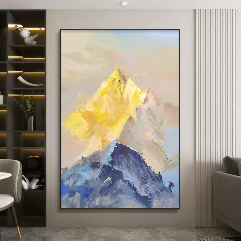 日照金山手绘油画玄关装饰画轻奢高级感入户正对门挂画大芬村壁画