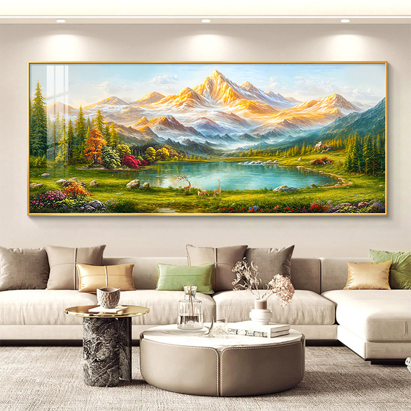 山水画客厅挂画聚宝盆沙发背景墙装饰画手绘油画风景壁画高档大气