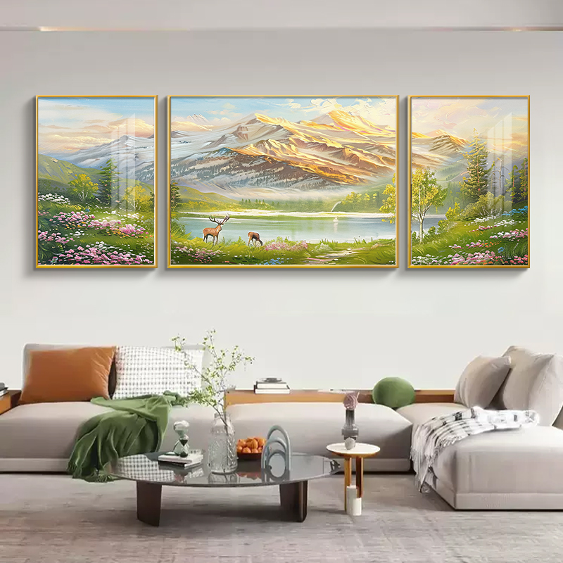 山水画靠山图客厅装饰画手绘油画沙发背景墙挂画2024新款三联壁画