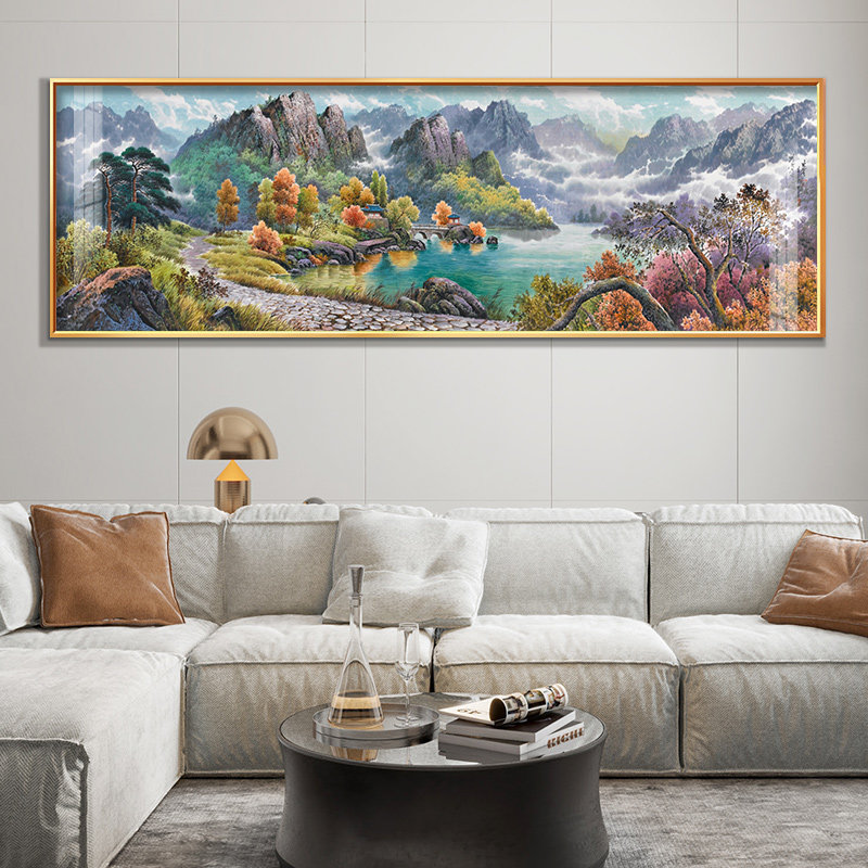 沙发背景墙装饰画客厅西墙现代轻奢山水画挂画背靠金山壁画新中式_虎窝淘