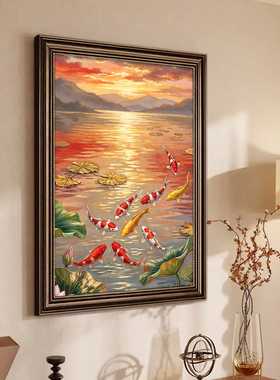 年年有余好运锦鲤纯手绘油画客厅沙发中古风装饰画玄关新中式挂画