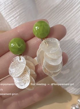 夏日新款森系清新天然贝壳手作设计感耳饰绿色耳环度假风耳钉耳饰