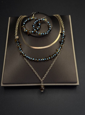 Vintage古著双层叠戴虎眼石串珠毛衣项链女秋冬项链B120853