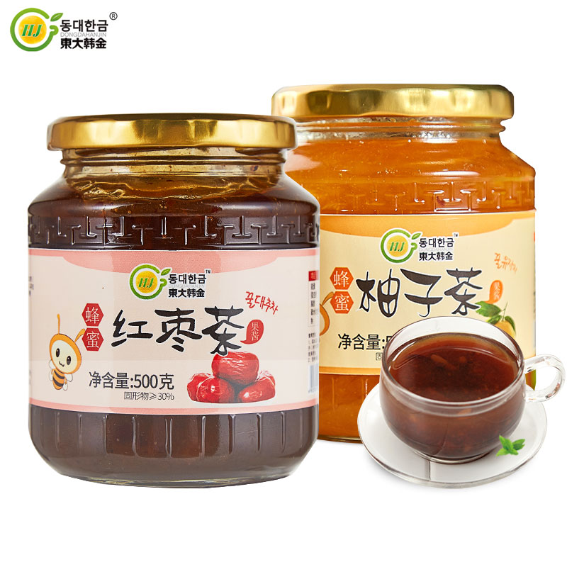 东大韩金旗舰店东大韩金蜂蜜柚子茶500g+红枣茶500g 韩式水果茶大枣茶酱冲饮品0