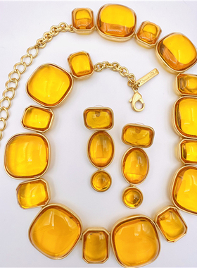 树脂琥珀镀金色女夸张项链新款