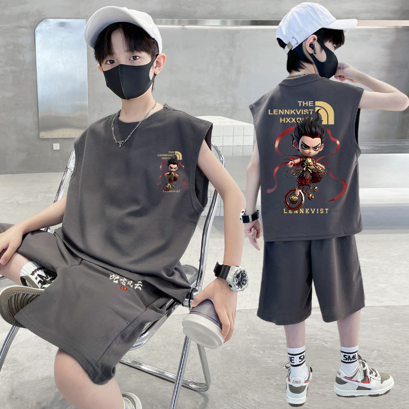 男童夏季2025新款运动套装无袖背心中小大童宽松哪吒印花裤子上衣,淘宝优惠券,粉丝福利购,淘宝优惠卷