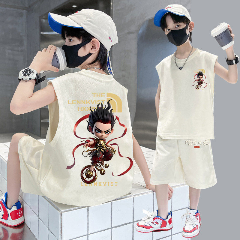 男童夏季2025新款运动套装无袖背心中小大童宽松哪吒印花裤子上衣,淘宝优惠券,粉丝福利购,淘宝优惠卷