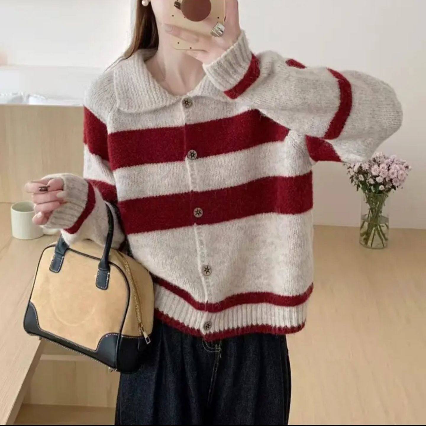 时尚慵懒风条纹毛衣外套女秋冬新款宽松显瘦针织开衫软糯短款上衣,淘宝优惠券,粉丝福利购,淘宝优惠卷