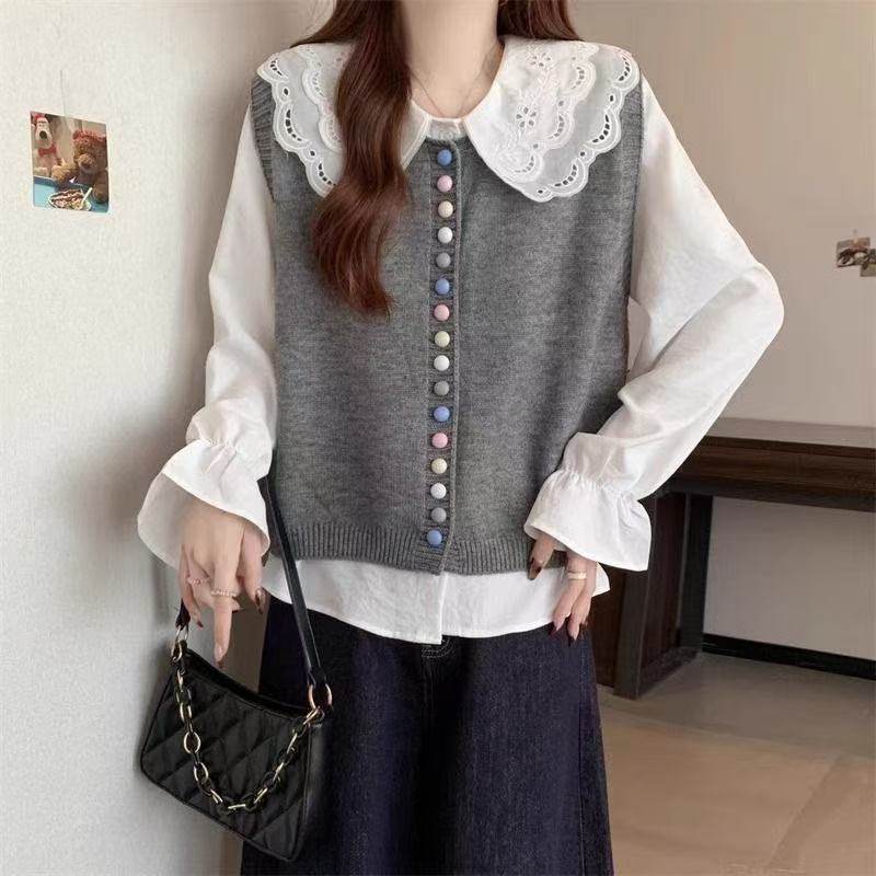 甜美可爱装彩扣针织马甲钩花娃娃领衬衫女春季新款叠穿上衣,淘宝优惠券,粉丝福利购,淘宝优惠卷