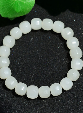 天然收藏和田羊脂白玉手链喷砂打磨八面珠9.8MM温润优雅男女款