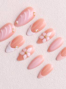 24pcs Pink Flower Almond Press on Nails Kawaii False Nails W