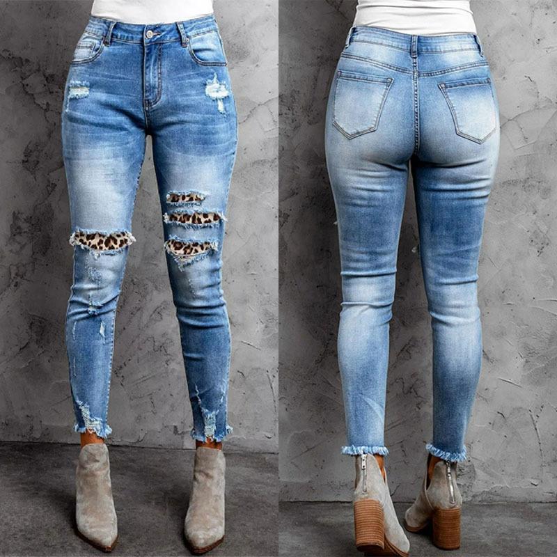 jeans washed mid-rise fit slim patch print leopard ripped - 图1