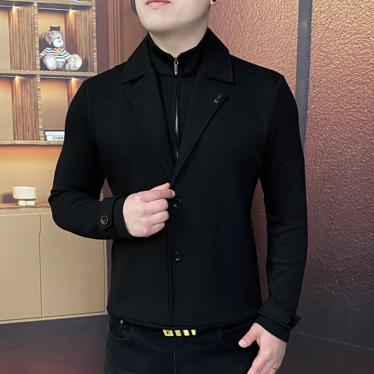 欧货冬季新款男士翻领拉链假两件卫衣时尚修身百搭打底衣型男潮款 - 图0