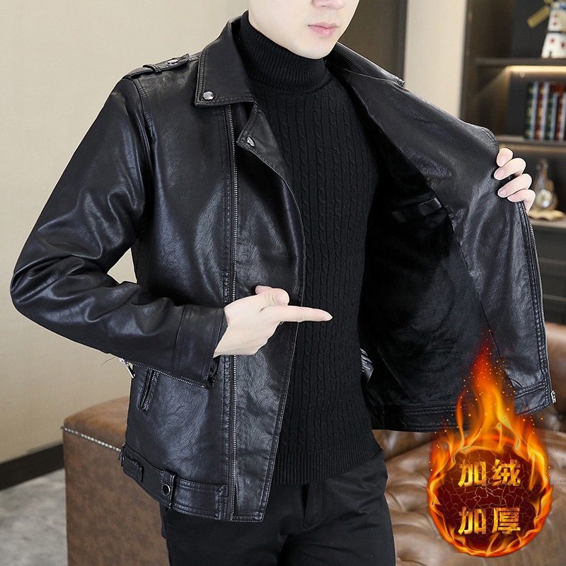 冬季新款加绒斜拉链翻领皮衣男百搭皮夹克男装外套时尚痞帅机车服,淘宝优惠券,粉丝福利购,淘宝优惠卷