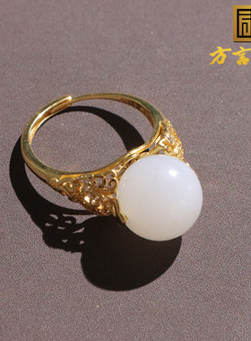 美滋滋方言和田玉精美佩戴脂粉足俄料羊脂白玉银镶玉戒指可转动O