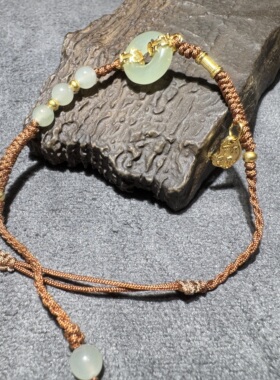 新中式方言和田玉老坑青海高冰起荧光晴水银饰平安扣手工绳手链S6