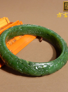 放漏方言和田玉俄罗斯细腻菠菜绿老坑碧玉60mm雕刻鸟语花香手镯X3