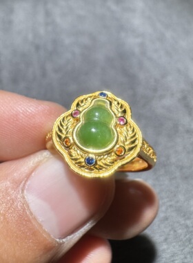 国风方言和田玉老坑俄罗斯阳绿碧玉无黑点银镶葫芦福禄双全戒指S6