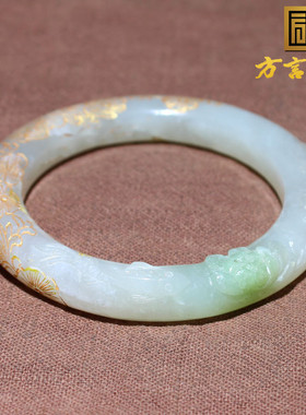 和田玉青海料带翠花开富贵描金镯