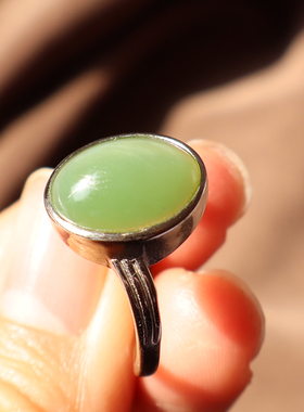 赢麻方言高品猫眼碧玉粉绿活猫眼银镶活口17MM可调节轻奢女戒指A2
