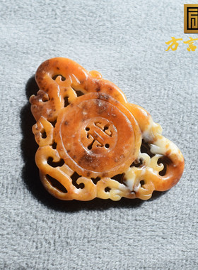 巨漏方言和田玉一眼真包浆皮唐河料黄沁瓷白玉龙凤呈祥吊坠挂件R1